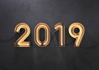 Yeni yıl 2019 neon alfabe yaptı. 3D illustratio