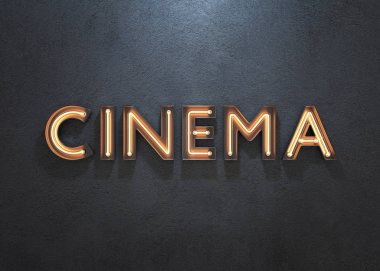Sinema neon tabela koyu arka plan üzerinde. 3D çizim