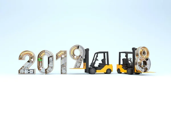 Yeni yıl 2019 mekanik alfabesi ve forklift yapılmış. 3D çizim