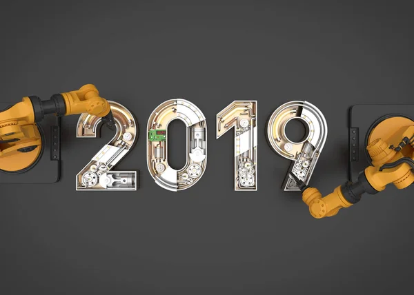 New Year 2019 Made Mechanical Alphabet Robotic Arm Illustration — Stock Photo, Image
