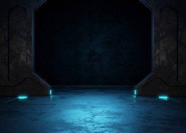 Boş karanlık oda, Modern Fütürist Bilim Kurgu Arkaplanı. 3B illüstrasyon