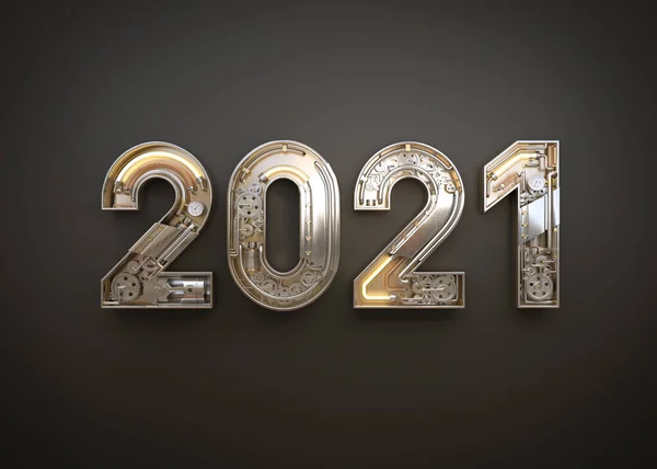 2020年新年 机械字母与齿轮 3D插图 — 图库照片