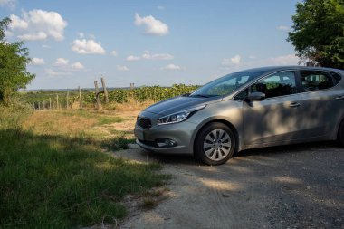 Tarlaları, ağaçları ve bulutlu mavi gökyüzünü manzaralı bir üzüm bağının yanındaki kırsal toprak yolda park etmiş modern bir araba. Kırsal seyahat ve ulaşım kavramı.