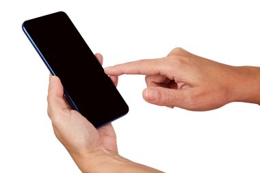 Beyaz arkaplanda el ele tutuşan akıllı telefon