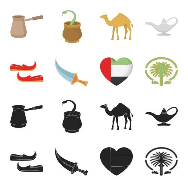 Doğu ayakkabı, hançer, emirates, kalbinde Palm Jumeirah.Arab Emirlikleri ayarla koleksiyon simgeler siyah, karikatür tarzı vektör simge stok çizim web içinde.