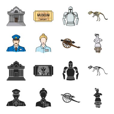 Bekçi, Kılavuzu, heykel, silah. Müzesi toplama simgeler siyah, karikatür tarzı vektör simge stok çizim web içinde ayarla..