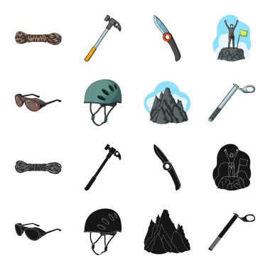 Kask, gözlük, kama Emanet, zirveleri bulutlar. Dağcılık toplama simgeler siyah, karikatür tarzı vektör simge stok çizim web içinde ayarla..
