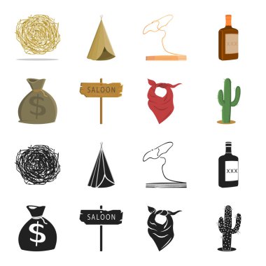 Para, salon, kovboy fuları, kaktüs torba. Vahşi Batı toplama simgeler siyah, karikatür tarzı vektör simge stok çizim web içinde ayarla..