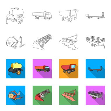 Pulluk, testere, römork ve diğer tarım aygıtları birleştirin. Tarım makineleri toplama simgeler anahat, düz stil vektör simge stok çizim web ayarla..