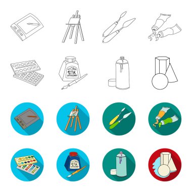 Balonchik boyalar, boya, sulu boya bir kutu içinde tüplerini mürekkep bir şişe ve bir kalem. Sanatçı ve çizim set simgeler anahat, düz stil vektör simge stok çizim web.