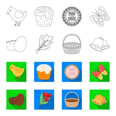 Çikolata yumurta, çan, sepet ve çiçekler. Paskalya toplama simgeler anahat, düz stil vektör simge stok çizim web ayarla..