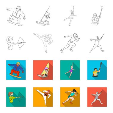 Okçuluk, karate, koşma, eskrim. Olimpik spor toplama simgeler anahat, düz stil vektör simge stok çizim web ayarla..