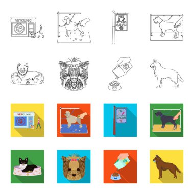 Bir tembel, bir namlu bir hayvan, bir besleme ile bir kase, çoban köpeği dişlerini bir top ile bir köpek. Evcil Hayvan, köpek bakım toplama simgeler anahat, düz stil vektör simge stok çizim web ayarla.