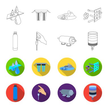 Arıtma, su, filtre, filtrasyon. Su filtrasyon sistemi toplama simgeler anahat, düz stil vektör simge stok çizim web ayarla..