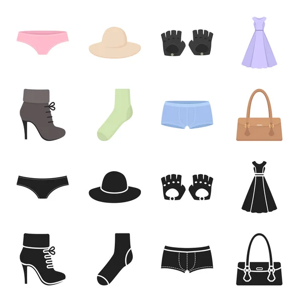 Γυναικείες μπότες, κάλτσες, σορτς, κυρίες τσάντα. Ρούχα στεγάζεται συλλογή εικονιδίων σε μαύρο, καρτούν στυλ διάνυσμα σύμβολο απόθεμα ενδεικτικά web. — Διανυσματικό Αρχείο