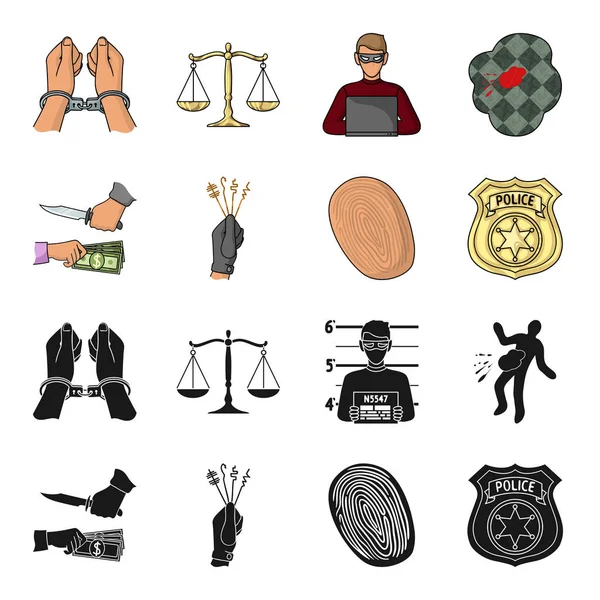 Raubüberfall, Fingerabdruck, Polizeiabzeichen, Taschendiebstähle. Verbrechen Set Sammlung Symbole in schwarz, Vektor-Symbol im Cartoon-Stil Stock Illustration Web. — Stockvektor