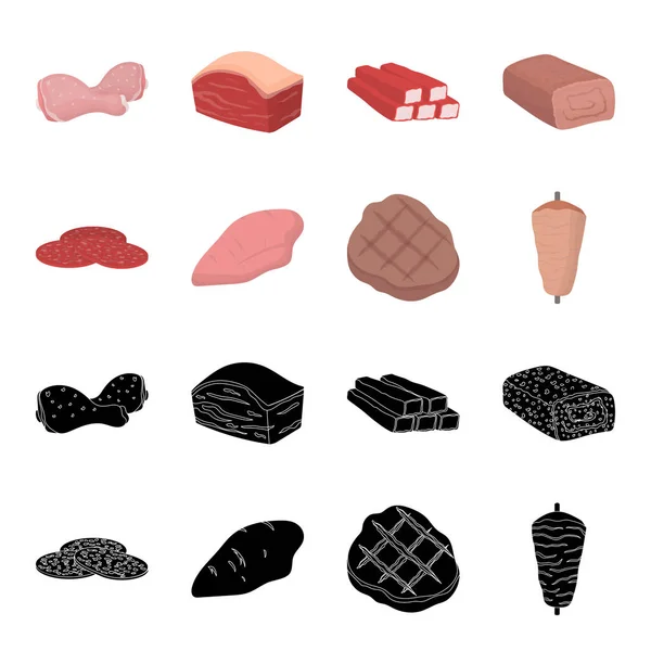 Pieces of salami, turkey fillet, grilled steak, kebab.Meat set collection icons in black, cartoon style vector symbol stock illustration web . — стоковый вектор