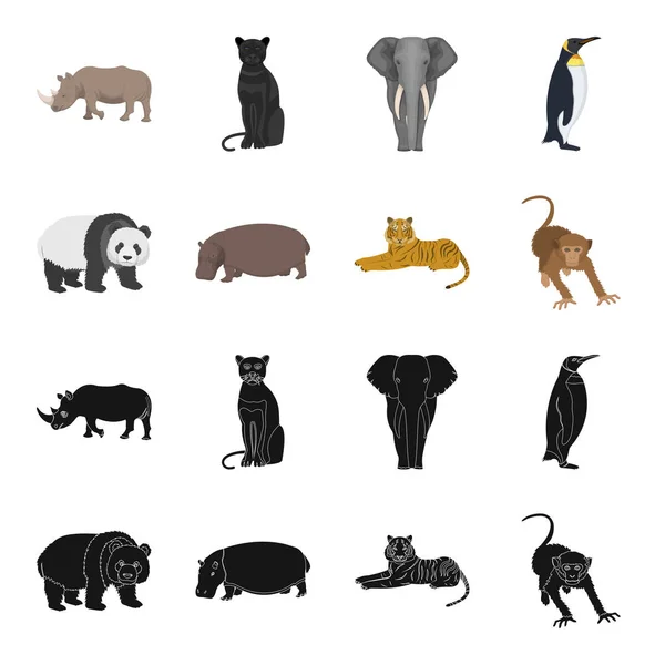 たけくま、カバ、野生動物のトラ、サル。野生動物は黒、漫画スタイルのベクトル シンボル ストック イラスト web でコレクションのアイコンを設定. — ストックベクタ