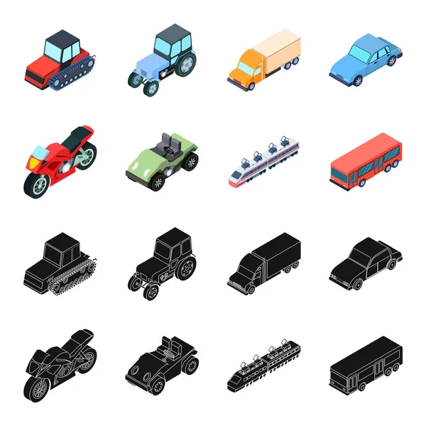 Motorrad, Golfwagen, Zug, Bus. Transport set sammlung symbole in schwarz, cartoon stil vektor symbol stock illustration web. — Stockvektor