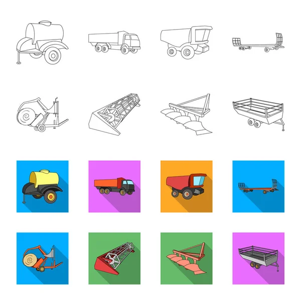 Plöja, kombinera thresher, trailer och andra jordbruks-apparater. Jordbruksmaskiner som samling ikoner i disposition, platt stil vektor symbol stock illustration web. — Stock vektor