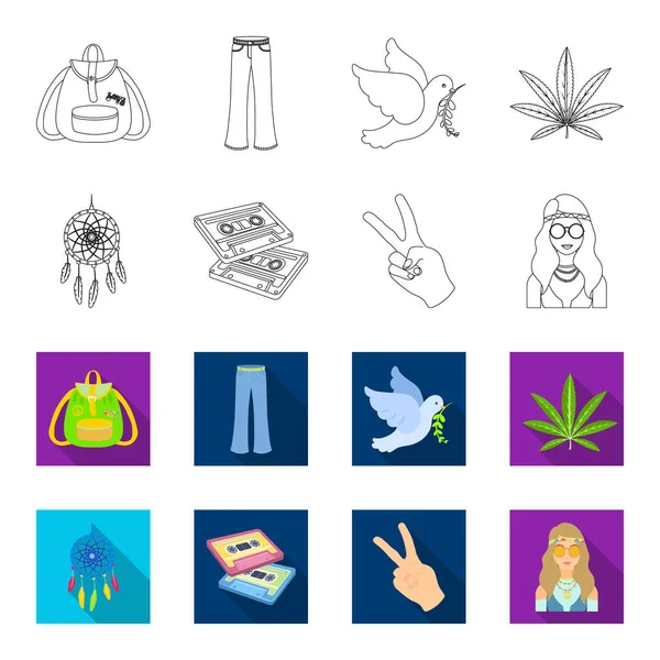 Amulet, hippie girl, freedom sign, old cassette.Hippy set collection icons in outline,flat style vector symbol stock illustration web. — Stock Vector