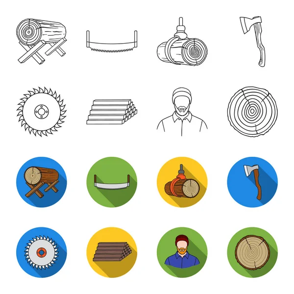 Cirkelsåg, arbetar snickare, en stack av stockar. Ett sågverk och timmer som samling ikoner i disposition, platt stil vektor symbol stock illustration web. — Stock vektor