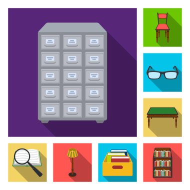 Kütüphane ve kitabevi düz simgeler set koleksiyonu tasarım için. Kitap ve mobilyalar sembol stok web illüstrasyon vektör.