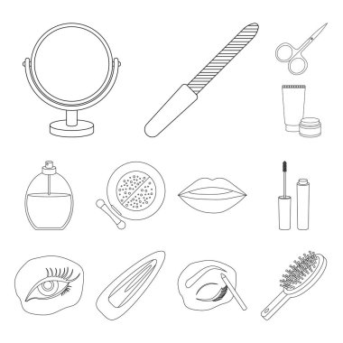 Makyaj ve kozmetik set koleksiyonu tasarım için simgeleri anahat. Makyaj ve ekipman sembol stok web illüstrasyon vektör.
