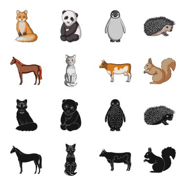 At, inek, kedi, sincap ve diğer hayvanlar. Hayvan toplama simgeler siyah, karikatür tarzı vektör simge stok çizim web içinde ayarla..