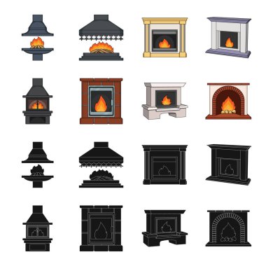 Yangın, sıcaklık ve konfor. Şömine toplama simgeler siyah, karikatür tarzı vektör simge stok çizim web içinde ayarla..