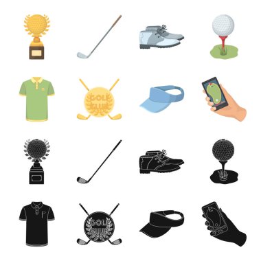Golf club, güneşlik, golfçü gömlek, telefon bir navigator ile kap arması. Golf club toplama simgeler siyah, karikatür tarzı vektör simge stok çizim web içinde ayarla..