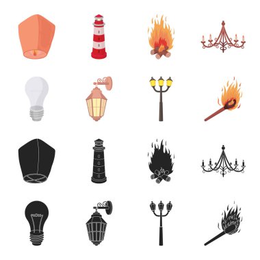 LED ışık, sokak lambası, aynı. Işık kaynağı toplama simgeler siyah, karikatür tarzı vektör simge stok çizim web içinde ayarla..