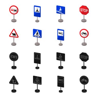 Yol işaretleri siyah, farklı türde karikatür set koleksiyonu tasarım için simgeler. Uyarı ve yasağı işaretler sembol stok web illüstrasyon vektör.
