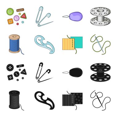 Bir makara ile konu, bir iğne, bir curl, kumaş dikiş. Dikiş veya araçları terzilik toplama simgeler siyah, karikatür tarzı vektör simge stok çizim web içinde ayarla.