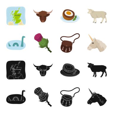 Loch Ness canavarı, thistle çiçek, tek boynuzlu at, sporan. İskoçya ülke toplama simgeler siyah, karikatür tarzı vektör simge stok çizim web içinde ayarla..