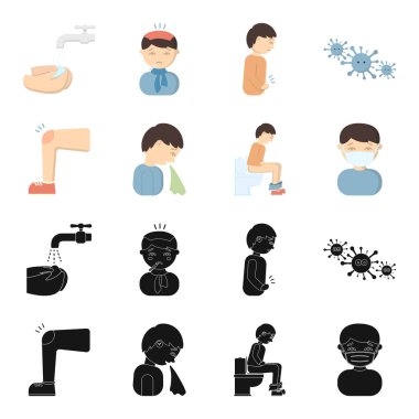 Bir ayak ile tıbbi maskeli bir adam tuvalette, oturan bir adam hasta, hapşırma diz, bir çürük. Siyah, karikatür tarzı vektör simge stok çizim web hasta küme koleksiyon simgeler.