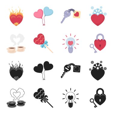 Bardak kahve, Sevgililer, lamba, anahtar ile kilidi. Romantik toplama simgeler siyah, karikatür tarzı vektör simge stok çizim web içinde ayarla..