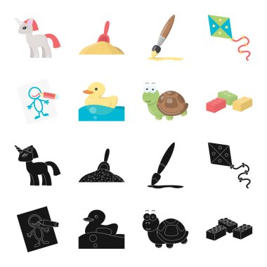 Çocuk siyah oyuncak, set koleksiyonu tasarım için simgeleri çizgi film. Oyun ve önemsiz şey sembol stok web illüstrasyon vektör.