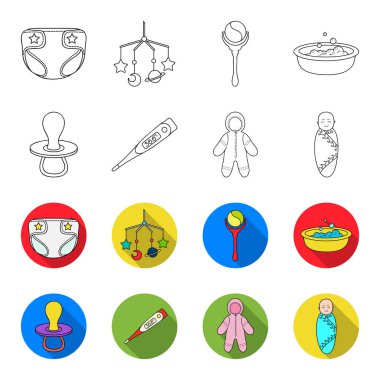 Emzik, elektronik termometre, Çocuk tulumları, çocuk bezi. Bebek set simgeler anahat, düz stil vektör simge stok çizim web tarihi..