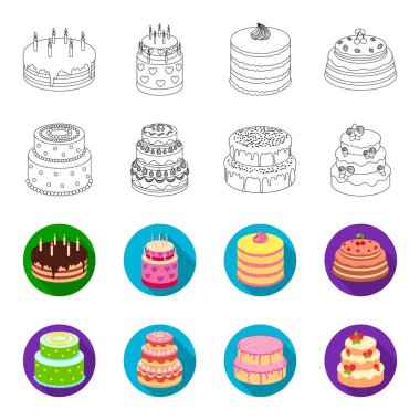 Tatlım, tatlı, krema, şeker pekmezi. Kek ülke toplama simgeler anahat, düz stil vektör simge stok çizim web ayarla..