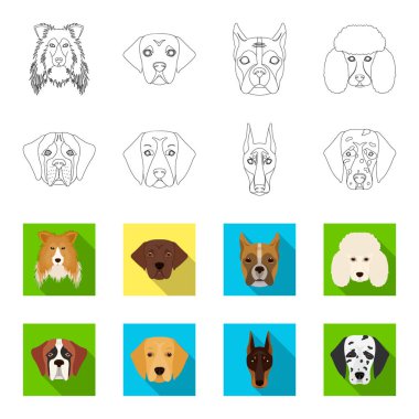Farklı doğurmak-in köpek ağızlık. St. Bernard, golden retriever, Doberman, Dalmaçyalı doğurmak köpek toplama simgeler anahat, düz stil vektör simge stok çizim web ayarla..
