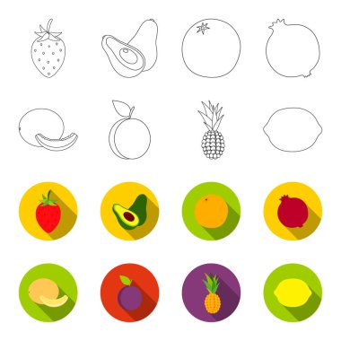 Karpuz, Erik, ananas, limon. Meyve toplama simgeler anahat, düz stil vektör simge stok çizim web ayarla..