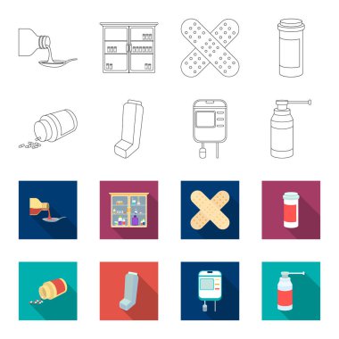 Tablet, ilaç, kan, sprey ile konteyner. İlaç toplama simgeler anahat, düz stil vektör simge stok çizim web ayarla..