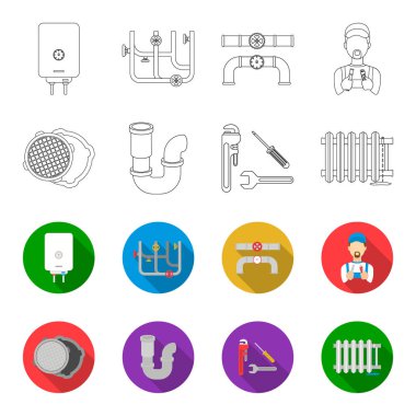 Kanalizasyon kapağı, aracı, radyatör. Sıhhi tesisat toplama simgeler anahat, düz stil vektör simge stok çizim web ayarla..