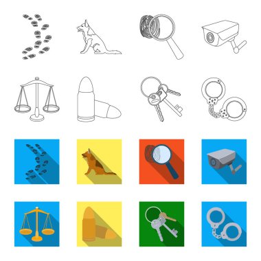 Ölçekler adalet, kartuşları, a demet-in anahtar taşı, ellerim kelepçeli. Hapishane toplama simgeler anahat, düz stil vektör simge stok çizim web ayarla..