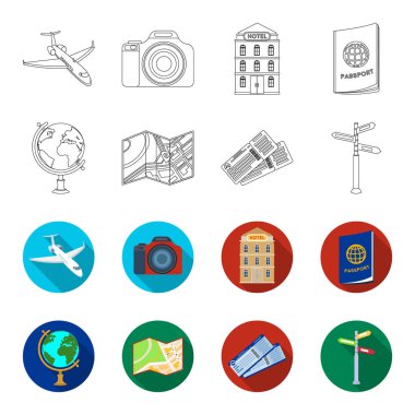 Tatil, seyahat, pasaport, dünya. Dinlenmek ve küme toplama simgeler anahat, düz stil vektör simge stok çizim web seyahat.