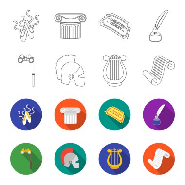 Tiyatro dürbün, kask, harp ve kağıt kaydırma. Tiyatro toplama simgeler anahat, düz stil vektör simge stok çizim web ayarla..