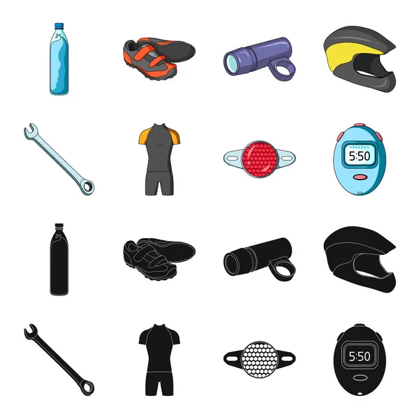 Una llave inglesa, un hueso de ciclista, un reflector, un temporizador. traje de ciclista conjunto de iconos de la colección en negro, caricatura estilo vector símbolo stock ilustración web . — Vector de stock