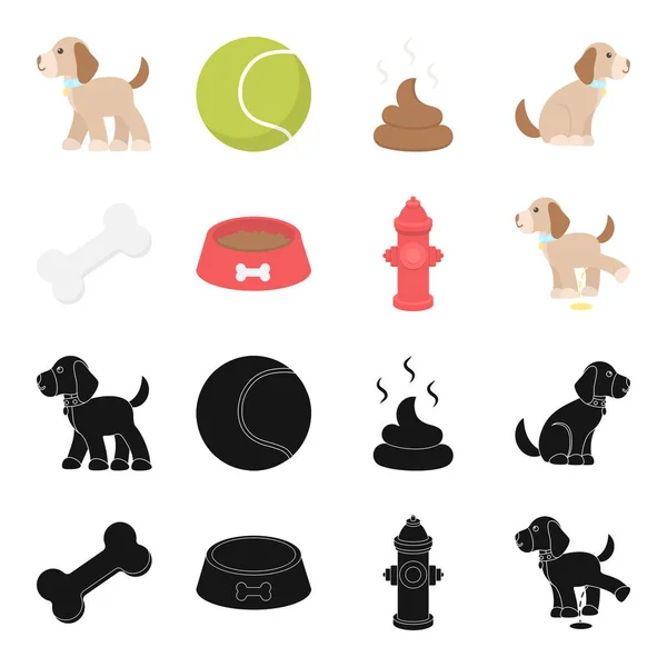 Кістка, пожежний гідрант, миска з їжею, пісяюча собака. Дог встановив колекційні значки в чорному, мультиплікаційному стилі Векторний символ стокової ілюстрації веб . — стоковий вектор