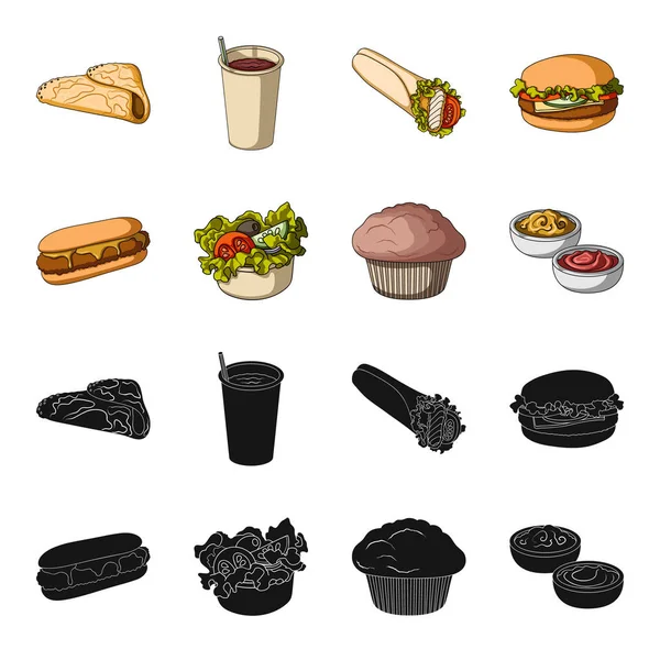 Eten, rust, verfrissingen en andere web-pictogram in het zwart, cartoon stijl. Gebak, biscuit, crème, pictogrammen in vaste collectie. — Stockvector